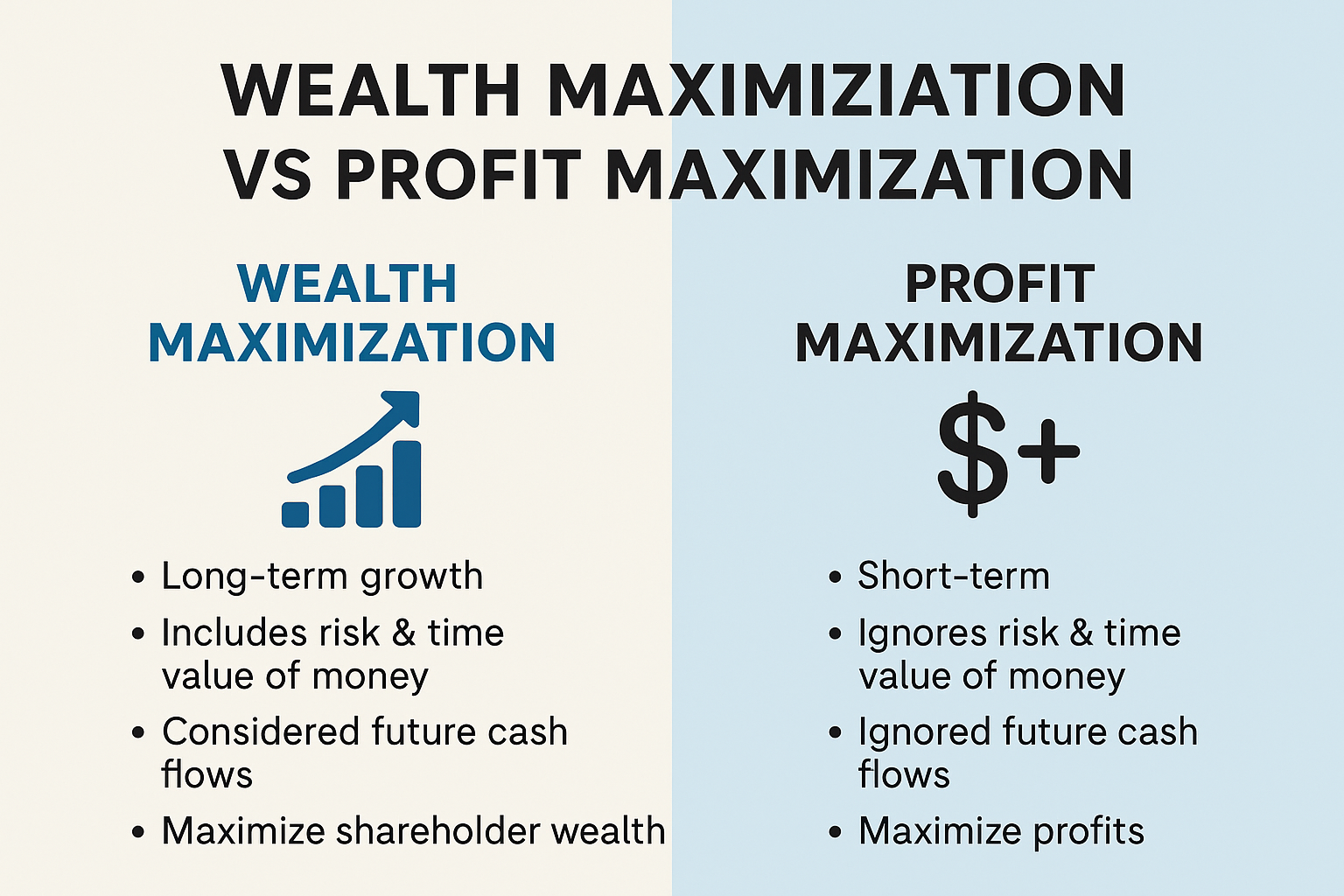 The image explain the difference between profit maximization and wealth maximization
